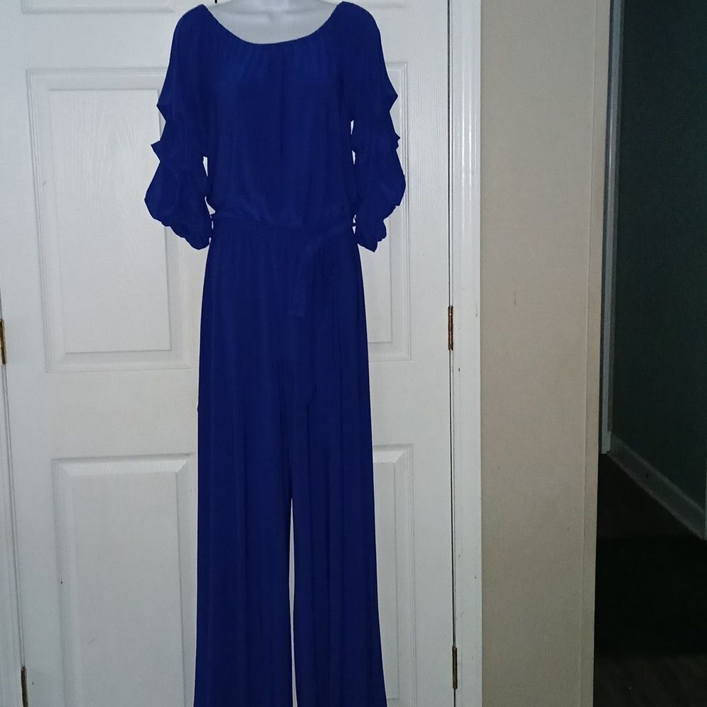 Prelude Vintage  Elegant royal blue wide leg off the shoulder jumpsuit Sz M NWOT